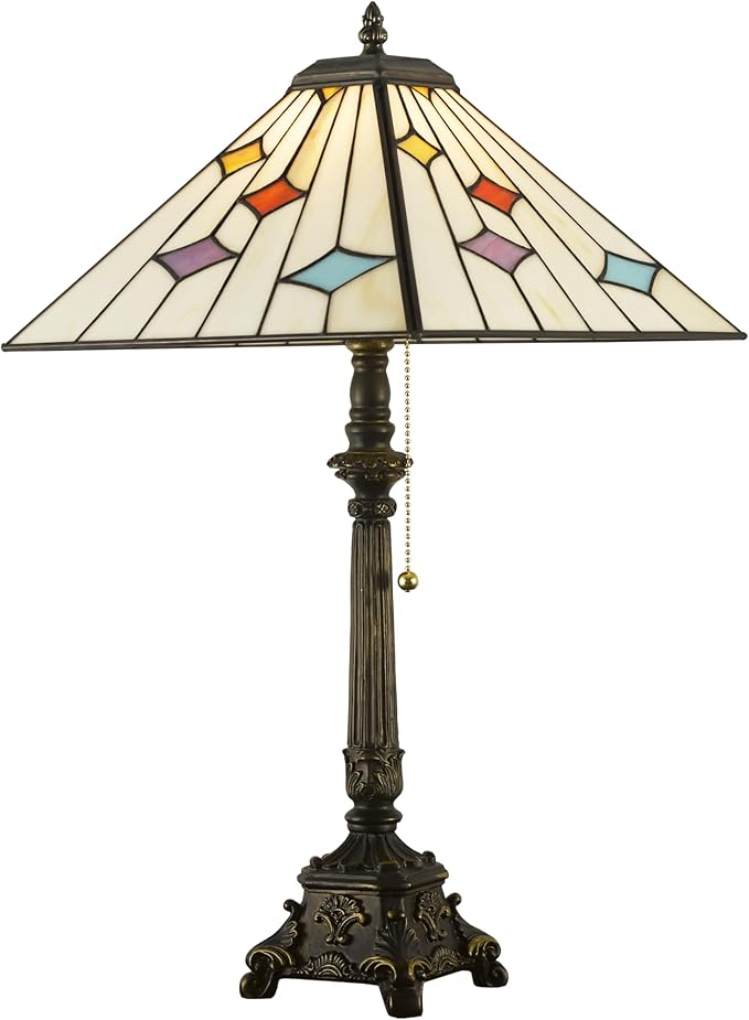 Tiffany Table Lamps White Stained Glass Stripes Checkered Style Mission Desk Lamp 12X12X24 Inch Bronze Resin Base