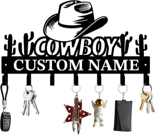Personalized Custom Name West Cowboy Keys Hooks,Metal Cowboy Art Clothes Keys Hooks,Metal Cowboy Lover Wall Home Storage Decorative Keys Hooks,Key Holder Hooks for Wall (Style F)