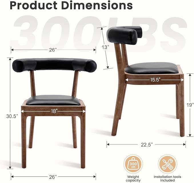Kmax Dining Room Chairs Mid-Century Modern Leather Kitchen Chairs with Natural Walnut Finished Frame, PU Curved Back, 2-Pcs Set, PU Black