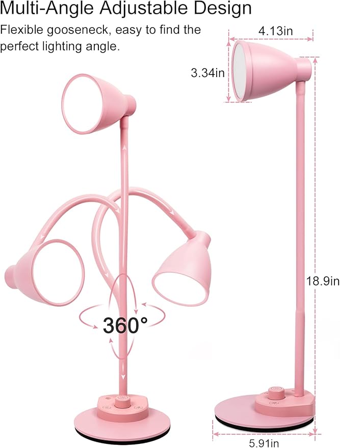 BOHON Cute Desk Lamp with USB Charging Port, Pink Lamp 3 Color Modes Dimmable LED Reading Lamp, Flexible Neck Auto Dimming Table Task Light for Home Office Dorm Bedside, Pink