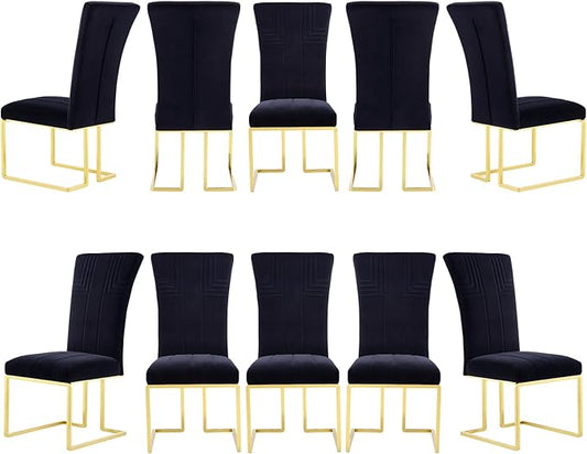 AUZ Dining Chairs Set of 10, Black Velvet Upholstered High Back Dining Chairs with Polished Gold Sled Legs
