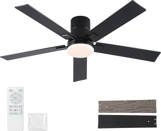 Rayqueen 52 Inch Ceiling Fans with Lights and Remote,Flush Mount Black Ceiling Fan,6 Speed Reversible DC Motor,3CCT Dimmable LED-Low Profile Design for Bedroom, Living room & Covered Outdoor