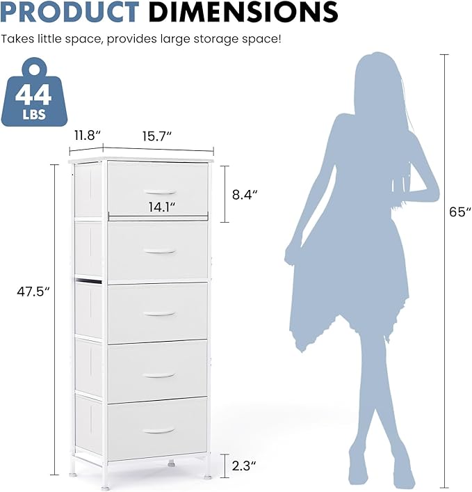 DUMOS Nightstand with 5 Drawers Bedside Table with Removable Fabric Bins Sturdy Steel Frame Wood Top Organizer Furniture for Bedroom Closet Living Room, White