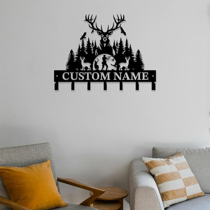 Personalized Custom Name Hunting Deer Wall Key Hooks,Metal Hunting Art Clothes Hooks,Metal Hunting Wall Home Storage Decorative,Hunter For Front Door, Hallway, Kitchen, Bedroom,Keys,Hats (Style M)