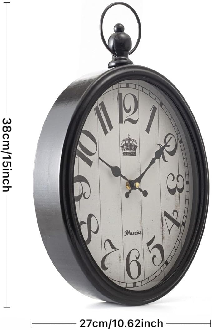 Oval Large Wall Clock Silent Non-Ticking Metal Battery Operated Retro Antique Design Rustic Vintage Style Decor for Living Room Kitchen Farmhouse 16 inch (Black, 16inches)