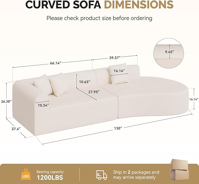 128" Oversized Modern Curved Sofa,Boneless Cloud Sectional Couch with Deep Seat,No Assembly Required Chenille Couches for Living Room,Beige,1 PCS