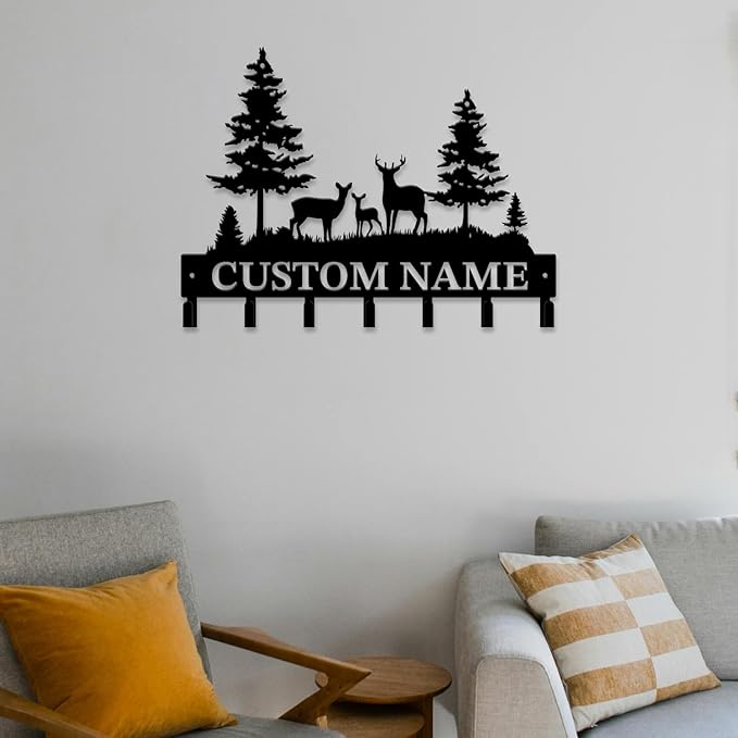 Personalized Custom Name Forest Deer Wall Keys Hooks,Metal Forest Deer Art Clothes Hooks,Metal Forest Deer Wall Home Storage Decorative,For Front Door, Hallway, Kitchen, Bedroom,Keys,Hats (Style I)