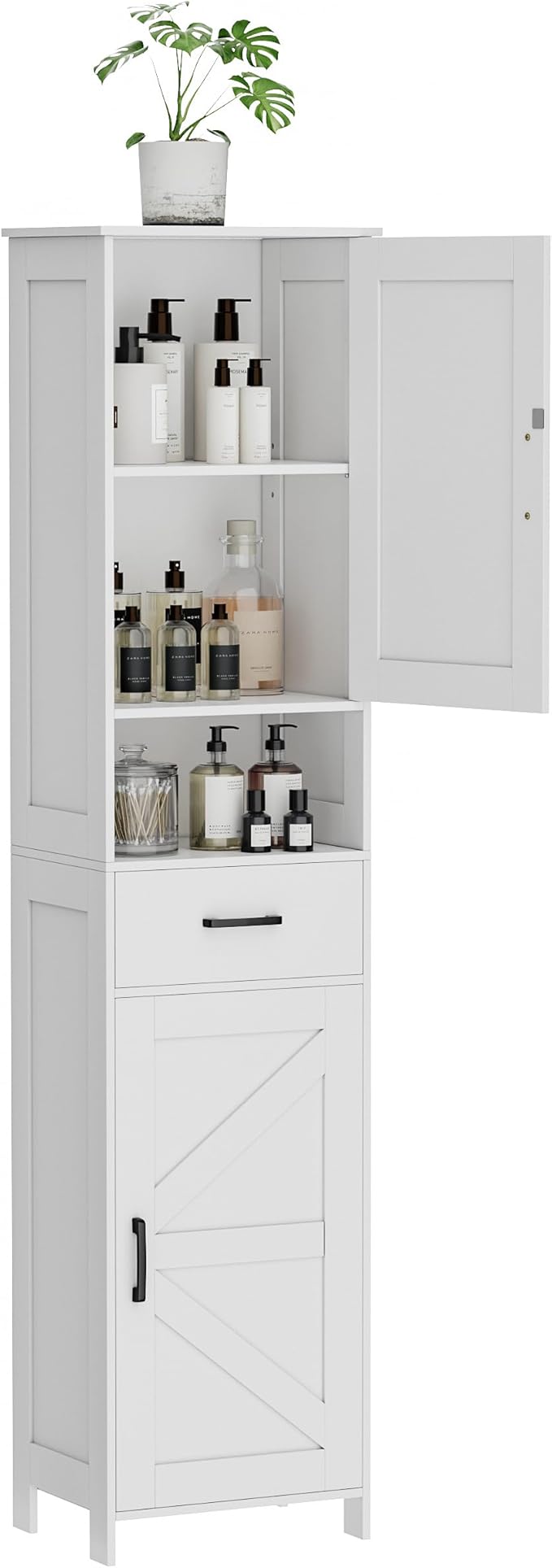 Homhedy 67" H Tall Bathroom Storage Cabinet with 2 Barn Doors and 1 Drawer, Narrow Storage Unit, Adjustable Shelves, Floor Cabinet for Bathroom, Living Room, Entryway, Kitchen, White, (15.7" W)