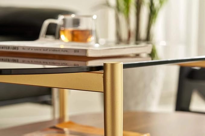 Shrine Oval Coffee Table, Mid-Century Modern Design, 2-Tier Structure, Amber Glass Top and Walnut MDF Shelf, 47" D x 21" W x 17" H, Sleek Conical Metal Legs with Gold Finish