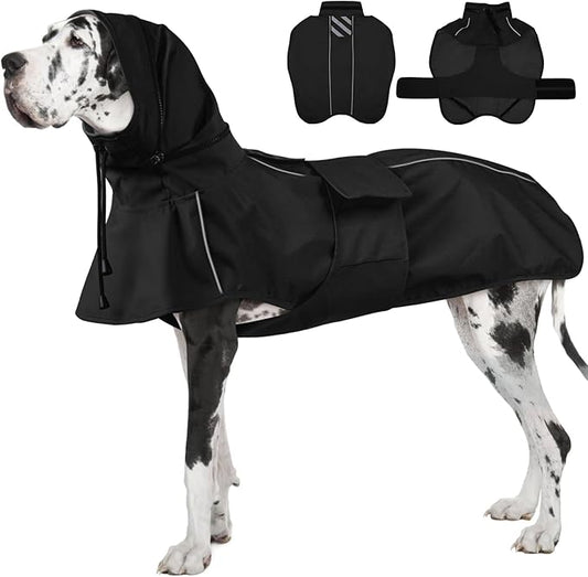 Waterproof Windproof Dog Raincoat with Full Body Coverage, Reflective Adjustable Hooded Jacket, Easy on Lightweight Dog Rain Coat for Large Dogs Poncho Breathable (Black, XXXXL)