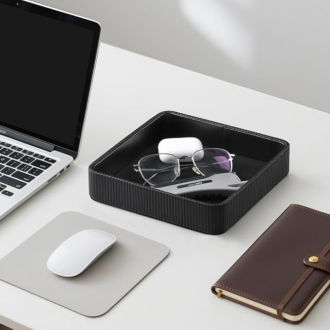 Small Valet Tray, 8"x8" Nightstand Organizer for Women Men| PU Leather Desk Organizer Trinket Dish| Decorative Vanity Tray Catch All Key Bowl for Dresser Bedside Coffee Table Entryway (Black)