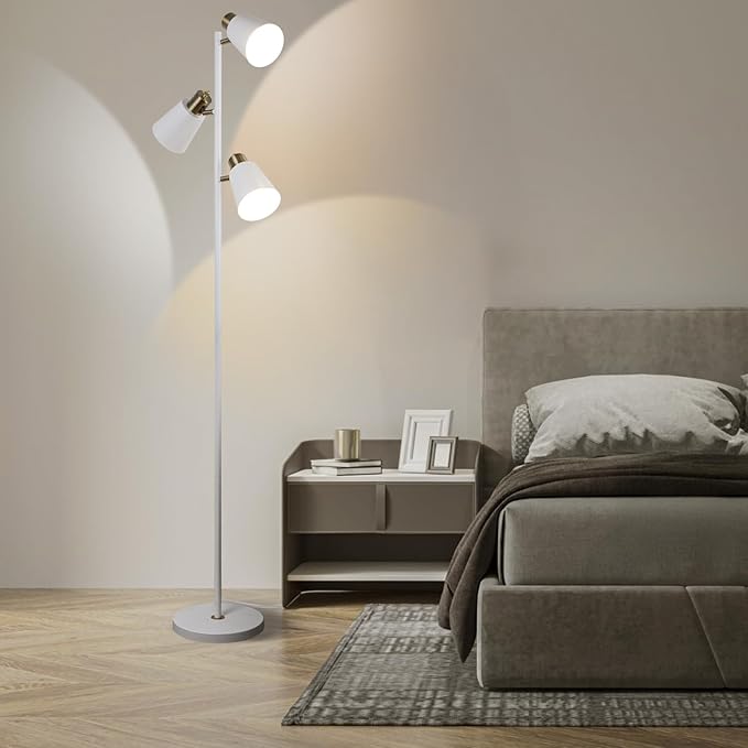 Tree Floor Lamp for Living Room, Industrial 3-Light Standing Lamp with 3 LED Bulbs, Adjustable Rotation Heads, Standing Tall Pole Lamp Farmhouse Rustic Reading Lamps for Bedroom Office (White Gold)