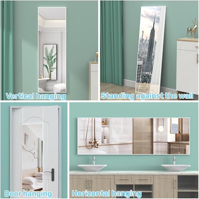 ANYHI Over The Door Mirror, 42"x14" Full Length Mirror for Wall Mirror, 2 Hooks, Aluminum Frame, for Bedromm Bathroom, White