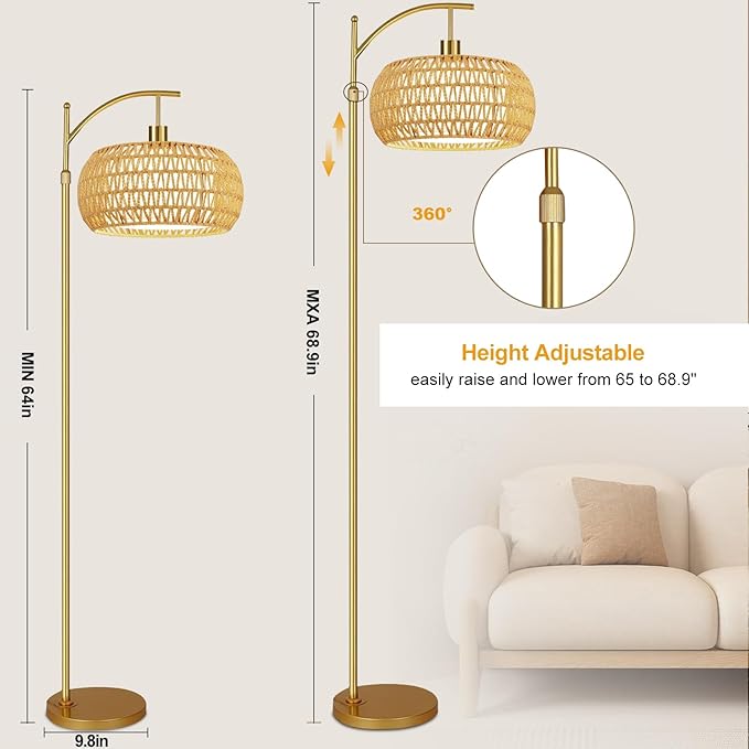 Gold Floor Lamps for Living Room Boho Rattan Floor Lamp with Remote Control & Wicker Lampshades,Vintage Brass Standing Lamp Dimmable Tall Floor Lamp for Bedroom Living Room Corner
