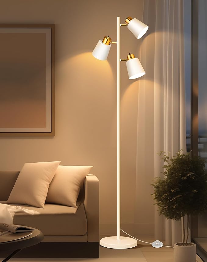 QiMH Tree Floor Lamps for Living Room, 67" Modern Standing Floor Lamp with 3 LED Bulb, Industrial Tall Lamp Reading Lighting for Bedroom Study Office Decor, 3 Rotatable Light Heads, White Gold