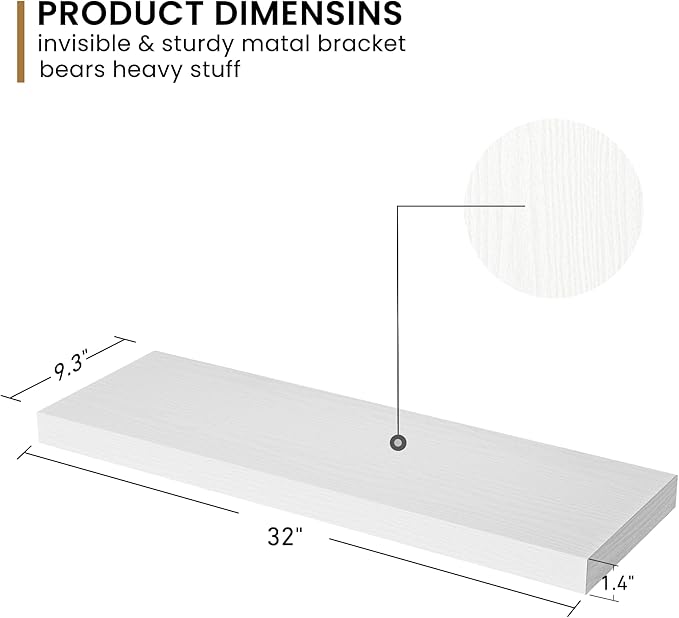 Fun Memories 32Inch Floating Shelves, 9.3Inch Deep Rustic Wall Shelves - Extra Deeper & Thicker Wall Mounted Storage Shelf for Kitchen, Farmhouse - Set of 2 - Rustic White