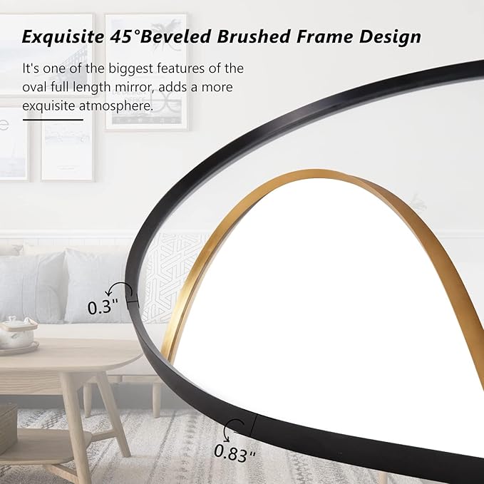 Oval Full Length Mirror, 48"×16" Wall-Mounted Mirror with Metal Frame, Ultra-Clear Explosion-Proof Dressing Mirror, Simple and Classic Deco for Cloakroom/Bedroom/Living Room, Gold