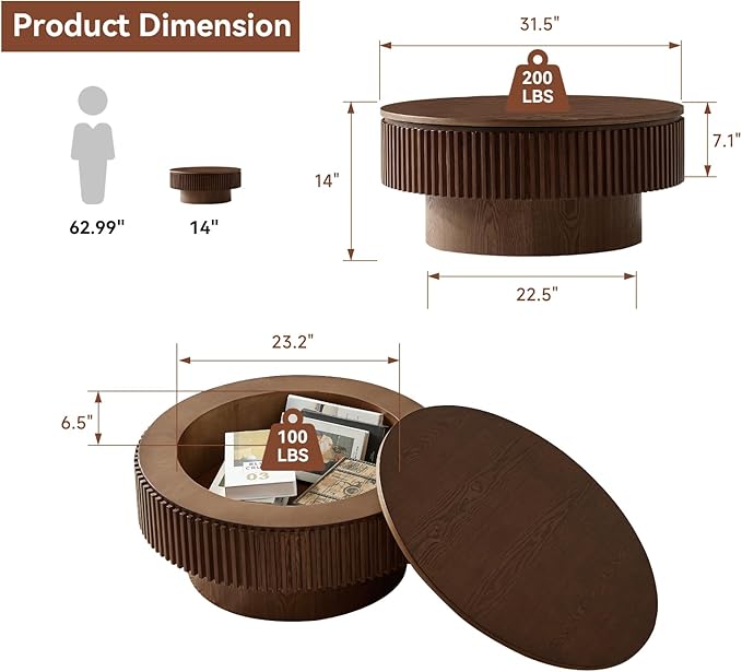 Round Coffee Table for Living Room,Fluted Drum Accent Tea Center Table with Storage,Circle Modern Coffee Tables for Small Space Office Apartment (31.5" L×31.5''W×14''H-Walnut)