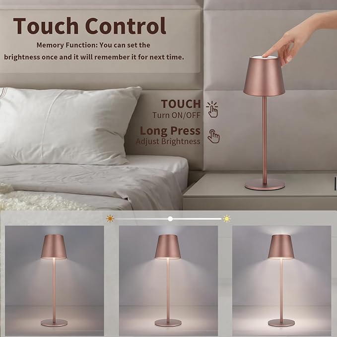 Maksone 2 Pack LED Cordless Table Lamp, 6600mWh Rechargeable Battery Desk Lamp, 3000K Stepless Dimming Night Light, IP54 Waterproof Metal Outdoor Portable Lamp for Camping, Restaurant(Brown)