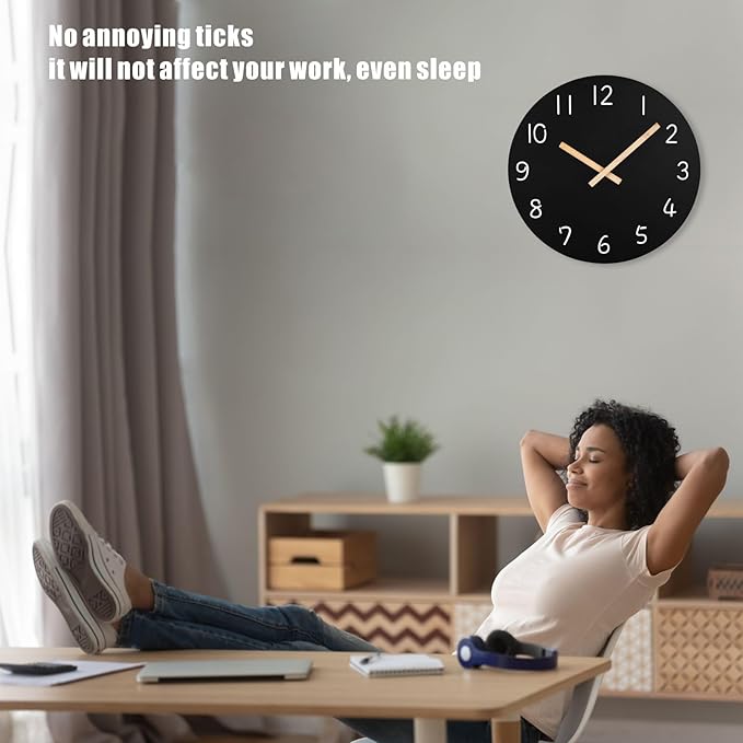 Plumeet 12'' Wooden Wall Clock Frameless Clocks with Silent Quartz Movement - Modern Style Village Wall Clocks Decorative Home Kitchen - Battery Operated (Black)