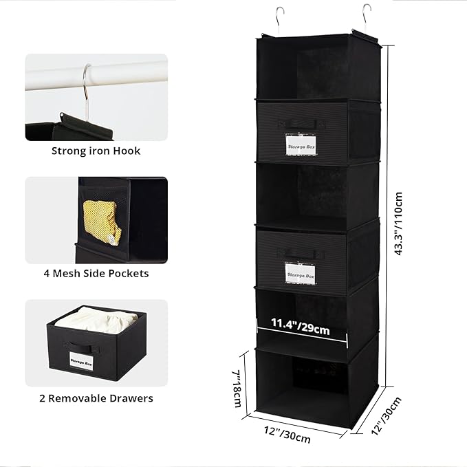 2 Pack 6 Shelves Hanging Closet Organizer with 2 Drawer, Hanging Storage with 4 Side Pockets for Clothes Shoes, 43.5"x12"x12"(Black)