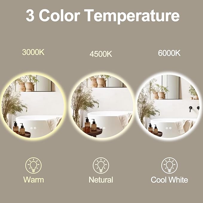 36 Inch Round LED Bathroom Mirror Backlit Anti-Fog Wall Mounted Lighted Bathroom Vanity Mirror 3 Colors Light Dimmable Smart Makeup Mirror with Touch Switch