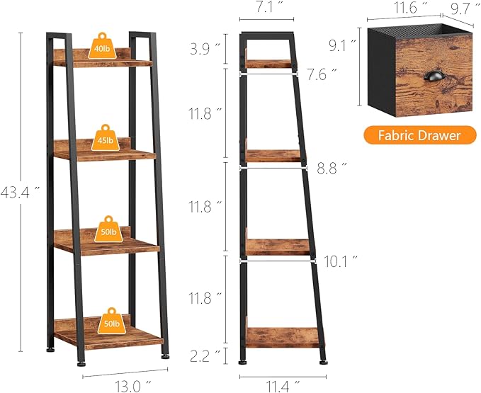 Furologee 4 Tier Narrow Ladder Shelf, Ladder Bookshelf with Drawer, Industrial Shelves Storage Rack Organizer,Skinny Display Shelving Units for Living Room, Home Office, Bedroom,Rustic Brown