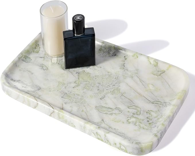 Marble Vanity Tray, Large Stone Bathroom Tray for Countertop, 14'' African Gem Genuine Marble Decorative Tray for Dresser, Green Kitchen Trays for Counter,Perfume Storage, Non-Resin/Ceramic