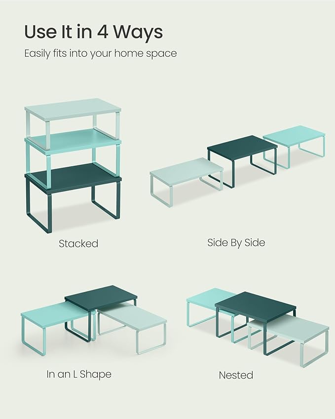 SONGMICS Cabinet Organizer Shelf, Set of 3 Kitchen Counter Shelves, Kitchen Storage, Spice Rack, Stackable, Expandable, Green UKCS220C01