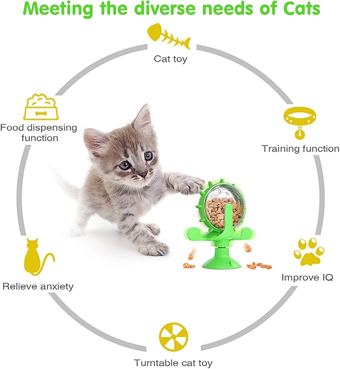 Cat Dog Treat Dispenser Toy - Cat Interactive Feeder Pet Food Toys Feeder 360° Degree Rotating Food Leakage Device Rotate with Strong Suction Cup Money Wheel Shape (Green)