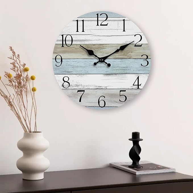 HYLANDA Wall Clock, 14 Inch Wall Clocks Battery Operated Silent Non Ticking, Large Wooden Clocks Decorative for Kitchen, Bathroom, Bedroom, Living Room Blue White
