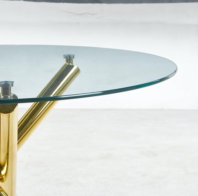 43.3" Round Glass Dining Table for 6, Modern Clear Glass Kitchen Table for 6 with Gold X Metal Legs, Contemporary Small Circle Dining Room Leisure Tables for Kitchen Apartment