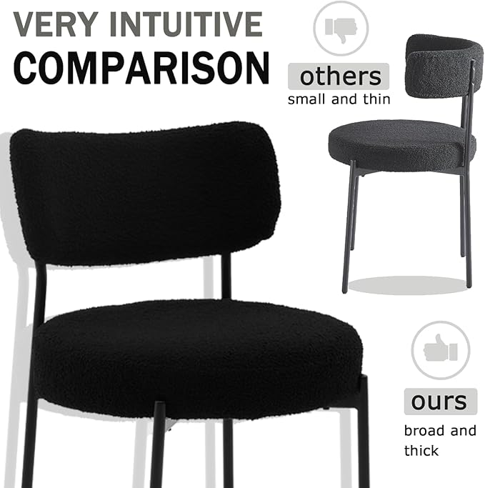 Black Dining Chairs Set of 2, Dining Room Chairs with Curved Backrest, Modern Boucle Dining Chairs with Upholstered for Living Room (2,Black)