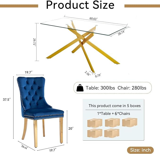 Goujxcy 7 Piece Glass Dining Table Set Modern Glass Dining Table Set for 6, 61" Rectangular Gold Kitchen Table and 6 Velvet Upholstered Chairs, Gold Table & Blue Chair