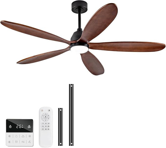 60 Inch Wood Ceiling Fans with Lights and Remote, Modern Outdoor Ceiling Fan with Light for Patio, Dimmable, 5 Blades, Wall Switch, Reversible DC Motor, Memory Function
