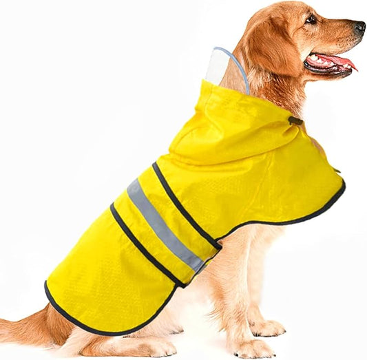 Dog Raincoat Waterproof Reflective Slicker - Lightweight Breathable Hooded Poncho Rain Coat Jacket with Adjustable Belly Strap and Leash Hole for Small Medium Large Dogs (X-Large, Yellow)
