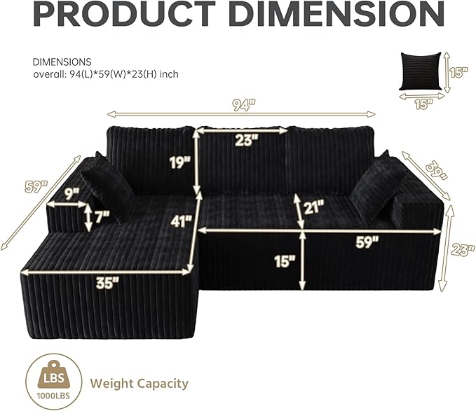 94" Cloud Sectional Couch with L-Shape Chaise,4 Seat Modern Modular Sofa with Side Pockets,Upholstered Couches for Living Room Bedroom, Boneless Couch,No Assembly Required