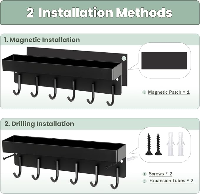 Magnetic Key Holder Wall Mount, Small Metal Key Rack with Tray, 9.6 Inch, 6 Hooks, 2 Installation Options, Black
