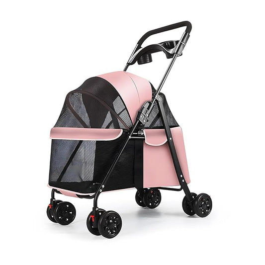 Pet Stroller, Dog Stroller for Small and Medium Dogs Cats with 360° Wheels, Folding Puppy Strollers with Dual Brake, Large Storage Basket, Breathable Mesh, Cup Holder, Removable Top (Pink)