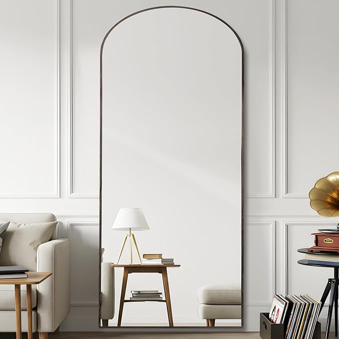 Arched 34x76 Inch Oversize Full Length Mirrors Aluminium Frame in Classic Graylish Driftwood Looking Free Standing Floor Mirror Full Body Wall Mounted for Bedroom Living Room and Hallway