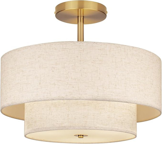18 Inch Large Semi Flush Mount Ceiling Light Fixture with Dual Drum Design, Gold Farmhouse Fabric Linen Shade for Bedroom, Living Room, Kitchen, and Dining - Modern Chandelier Lamp