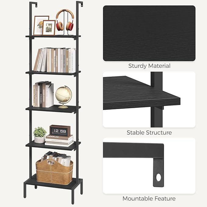 Ladder Shelf, 5-Tier Bookshelf, Ladder Bookcase with Wall Mount, Heavy Duty Industrial Style Storage Rack for Living Room, Office, Kitchen, Bedroom, Black LSBK5501