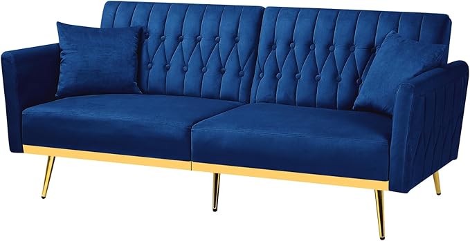 70” Velvet Futon Sofa Bed w/Adjustable Armrests and Backrest, Convertible Futon Couch w/2 Pillows, Modern Sleeper Bed for Living Room, Bedroom, Blue