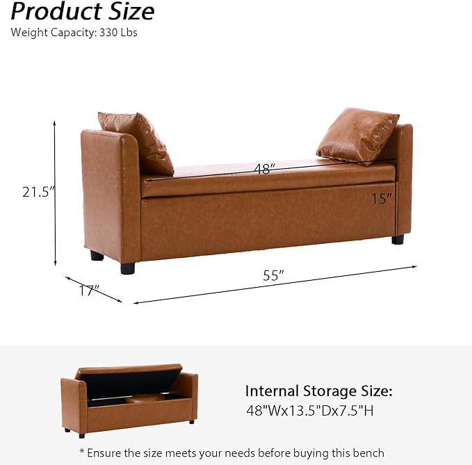 Storage Bench for Bedroom, 55" Long Bench for King Size Bed, Modern Upholstered End of Bed Ottoman Bench with Arms for Entryway Living Room (Faux Leather - Camel Brown)