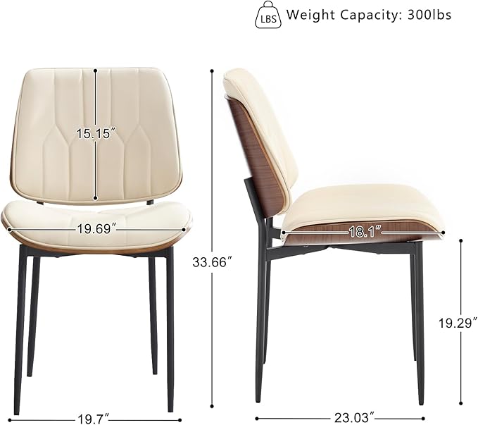 BV Mid Century Modern Dining Chairs Set of 4, Upholstered Pu Leather Armless Accent Chair with Walnut Bentwood Back, Retro Kitchen Chair for Dining Room, Living Room, Kitchen, Beige
