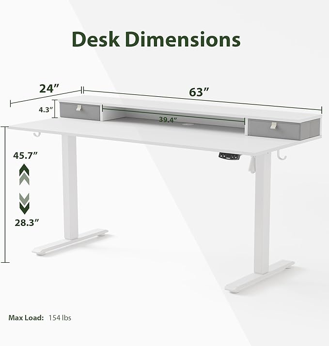Agilestic 63 x 24 Inches Electric Standing Desk with 2 Storage Drawers, Stand Up Desk Adjustable Height, Sit and Stand Computer Table with Splice Board, White