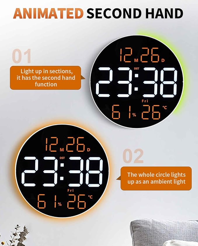 10 Inch Large Digital Wall Clock with 13 Color Changing Remote Control, Date Week Temperature, Auto Brightness Dimmer Big Clock with Night Lights,RGB