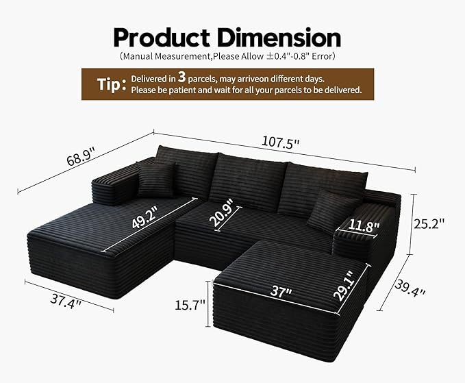 107.5" Cloud Modular Sectional Sofa with 1 Ottoman,Modern Minimalist Upholstered Couches, Comfort U Shaped Sofa for Living Room,Deep Seat Corner Couch，No Assembly Required (Black,Left Facing Chaise)