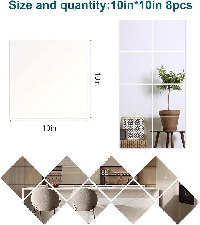 8 Pack 10x10 Inch Acrylic Mirror Tiles, Self-Adhesive Wall Mirror Full Length, Shatterproof Flexible Plastic Mirror Sheets for Bedroom, Home Gym, Door, Frameless Body Mirror