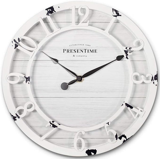 Presentime & Co 10" Farmhouse Series Wall Clock, Shiplap Style, Raised 3D Arabic Numeral, Antique Distressed White